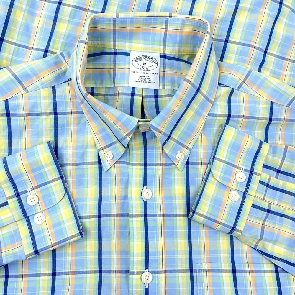 Brooks Brothers Shirt Men Medium Yellow Blue Plaid Button Up Slim Fit 346 Dress